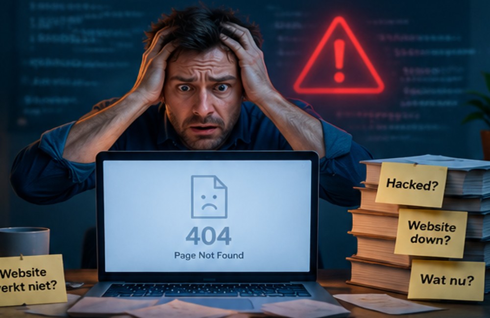 Bezorgde websitebeheerder met handen in het haar voor een laptop met 404 Page Not Found